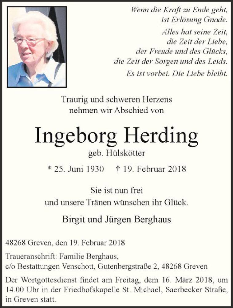  Traueranzeige für Ingeborg Herding vom 10.03.2018 aus Westfälische Nachrichten