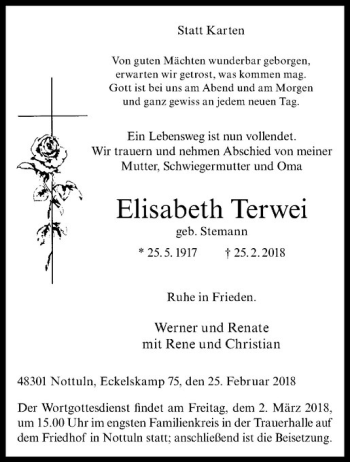 Anzeige von Elisabeth Terwei von Westfälische Nachrichten
