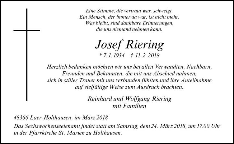  Traueranzeige für Josef Riering vom 21.03.2018 aus Westfälische Nachrichten