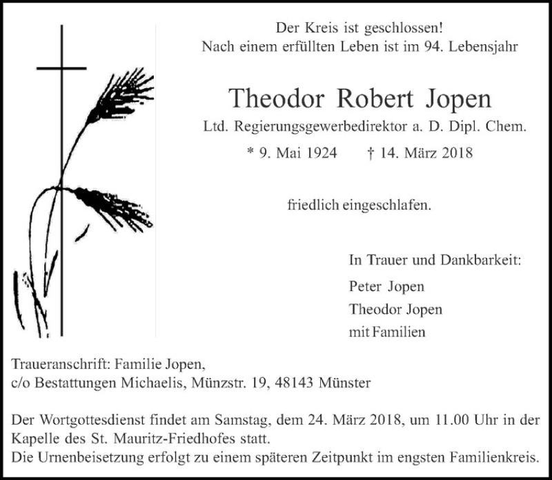  Traueranzeige für Theodor Robert Jopen vom 19.03.2018 aus Westfälische Nachrichten