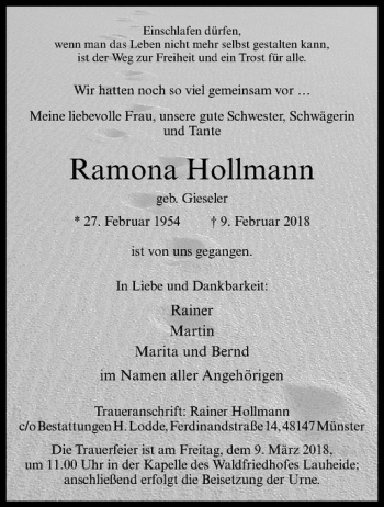 Anzeige von Ramona Hollmann von Westfälische Nachrichten