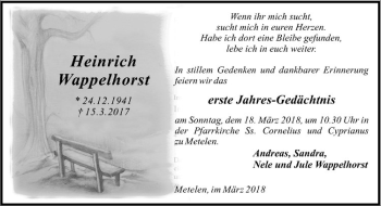 Anzeige von Heinrich Wappelhorst von Westfälische Nachrichten