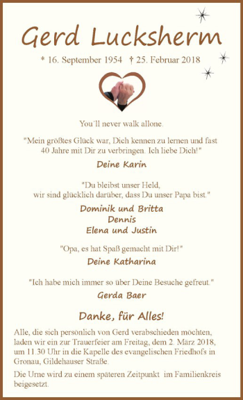 Anzeige von Gerd Lucksherm von Westfälische Nachrichten