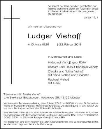 Anzeige von Ludger Viehoff von Westfälische Nachrichten
