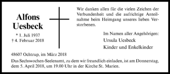 Anzeige von Alfons Uesbeck von Westfälische Nachrichten