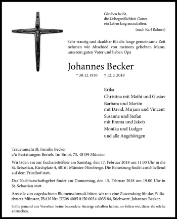 Anzeige von Johannes Becker von Westfälische Nachrichten