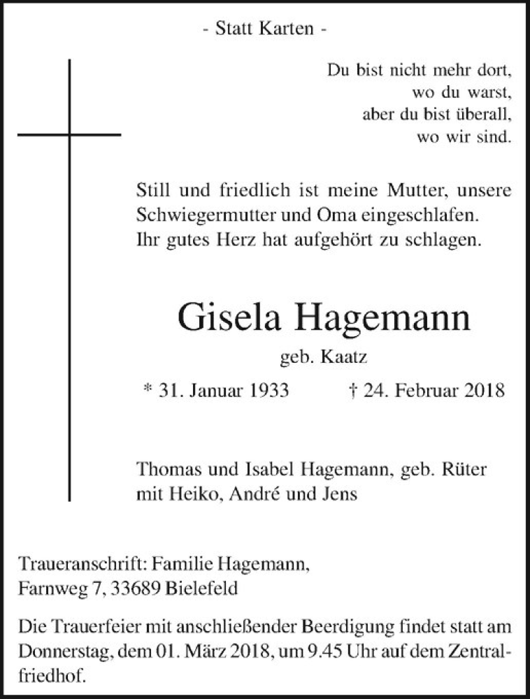  Traueranzeige für Gisela Hagemann vom 28.02.2018 aus Westfälische Nachrichten
