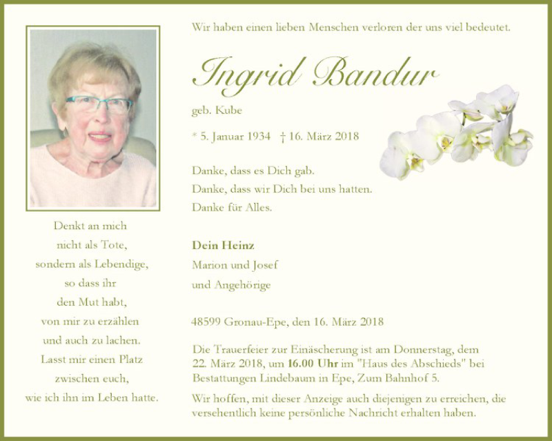  Traueranzeige für Ingrid Bandur vom 20.03.2018 aus Westfälische Nachrichten