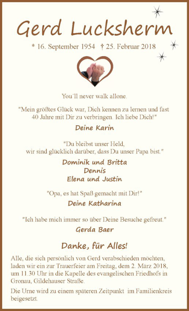  Traueranzeige für Gerd Lucksherm vom 28.02.2018 aus Westfälische Nachrichten
