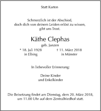 Anzeige von Käthe Clephas von Westfälische Nachrichten