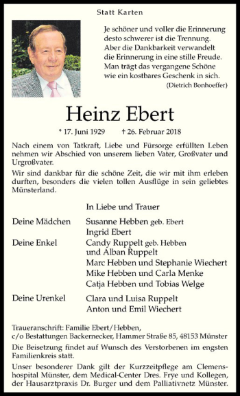 Anzeige von Heinz Ebert von Westfälische Nachrichten