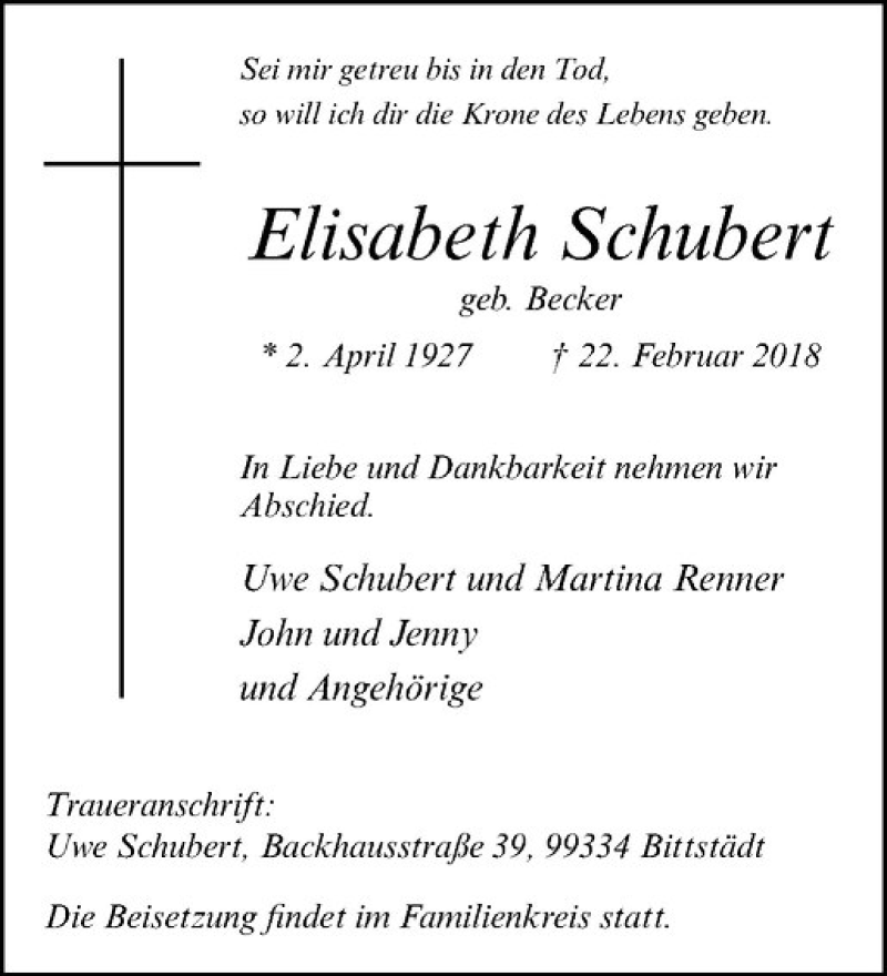  Traueranzeige für Elisabeth Schubert vom 03.03.2018 aus Westfälische Nachrichten