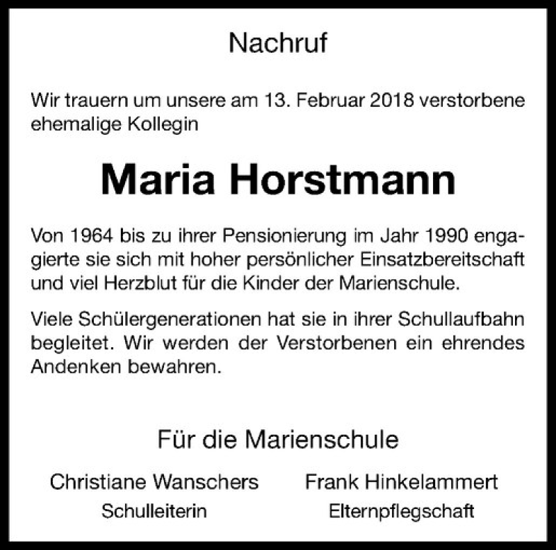  Traueranzeige für Maria Horstmann vom 05.03.2018 aus Westfälische Nachrichten