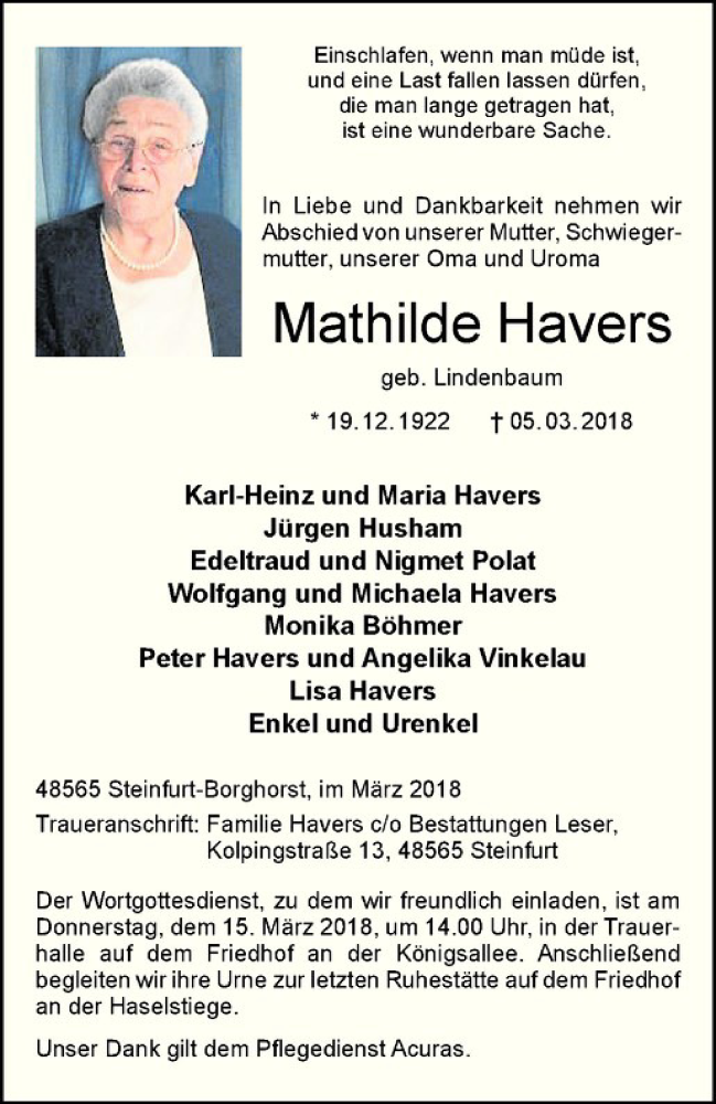  Traueranzeige für Mathilde Havers vom 12.03.2018 aus Westfälische Nachrichten