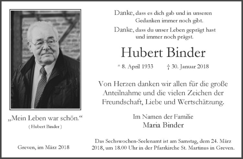  Traueranzeige für Hubert Binder vom 17.03.2018 aus Westfälische Nachrichten