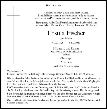 Anzeige von Ursula Fischer von Westfälische Nachrichten