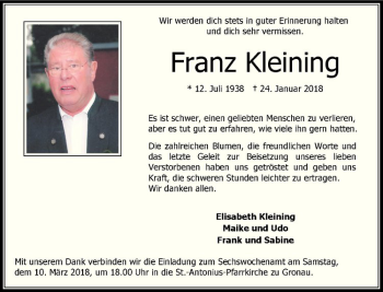 Anzeige von Franz Kleining von Westfälische Nachrichten