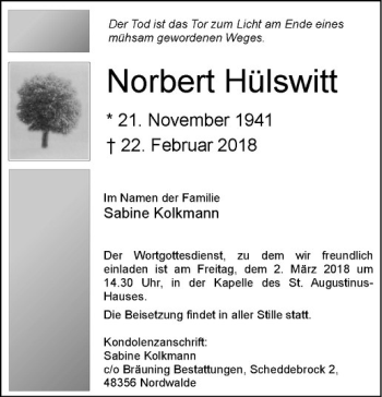 Anzeige von Norbert Hülswitt von Westfälische Nachrichten