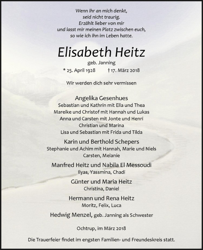 Traueranzeige für Elisabeth Heitz vom 21.03.2018 aus Westfälische Nachrichten