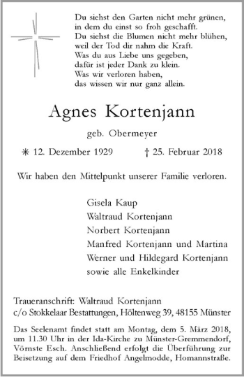 Anzeige von Agnes Kortenjann von Westfälische Nachrichten