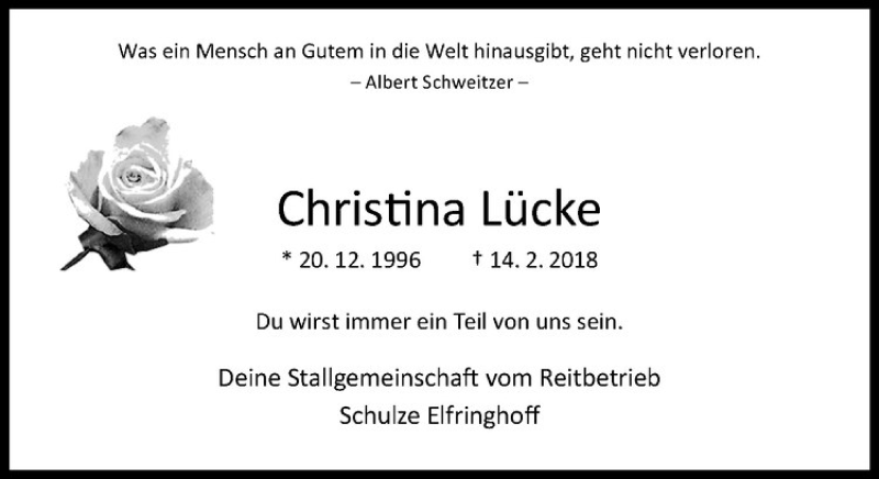  Traueranzeige für Christina Lücke vom 22.02.2018 aus Westfälische Nachrichten