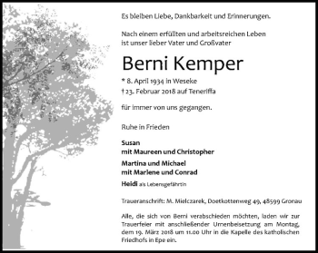 Anzeige von Berni Kemper von Westfälische Nachrichten