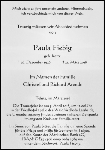 Anzeige von Paula Fiebig von Westfälische Nachrichten