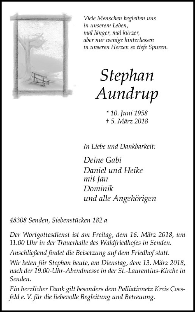  Traueranzeige für Stephan Aundrup vom 13.03.2018 aus Westfälische Nachrichten