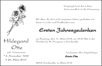 Anzeige von Hildegard Otte von Westfälische Nachrichten