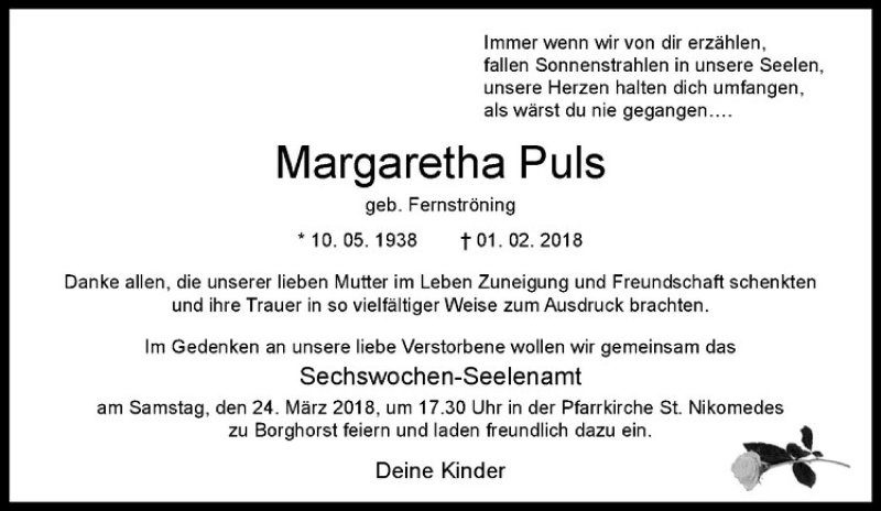  Traueranzeige für Margaretha Puls vom 21.03.2018 aus Westfälische Nachrichten