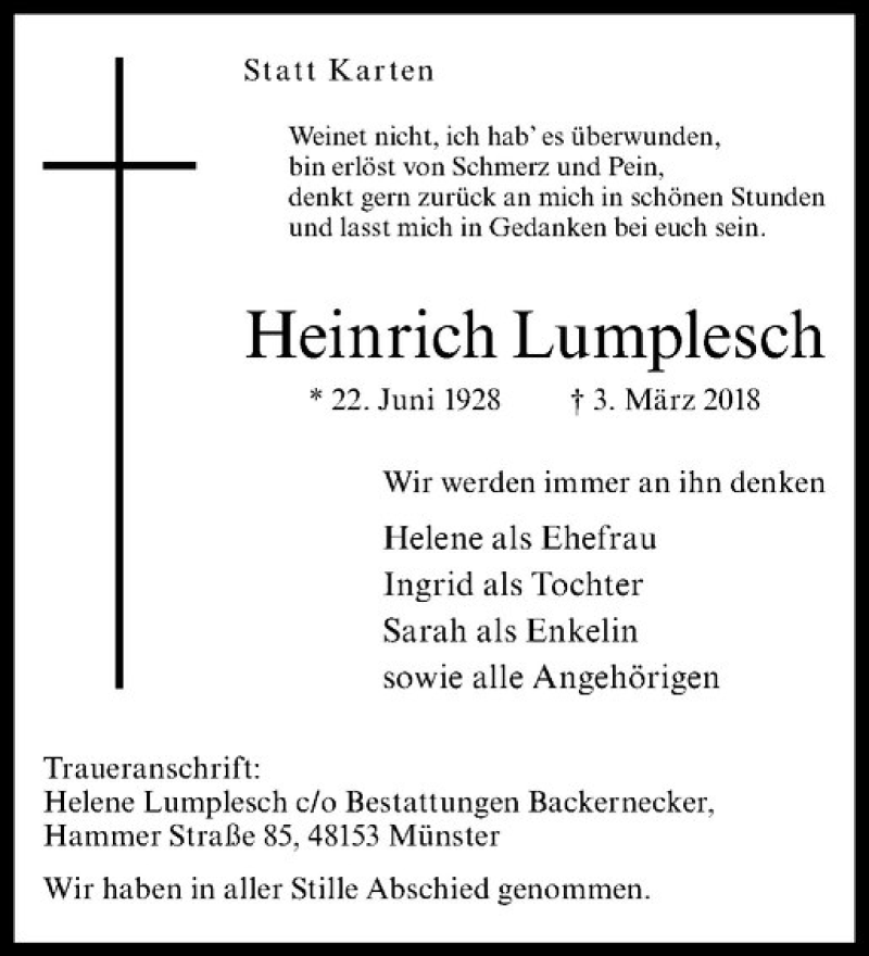  Traueranzeige für Heinrich Lumplesch vom 10.03.2018 aus Westfälische Nachrichten