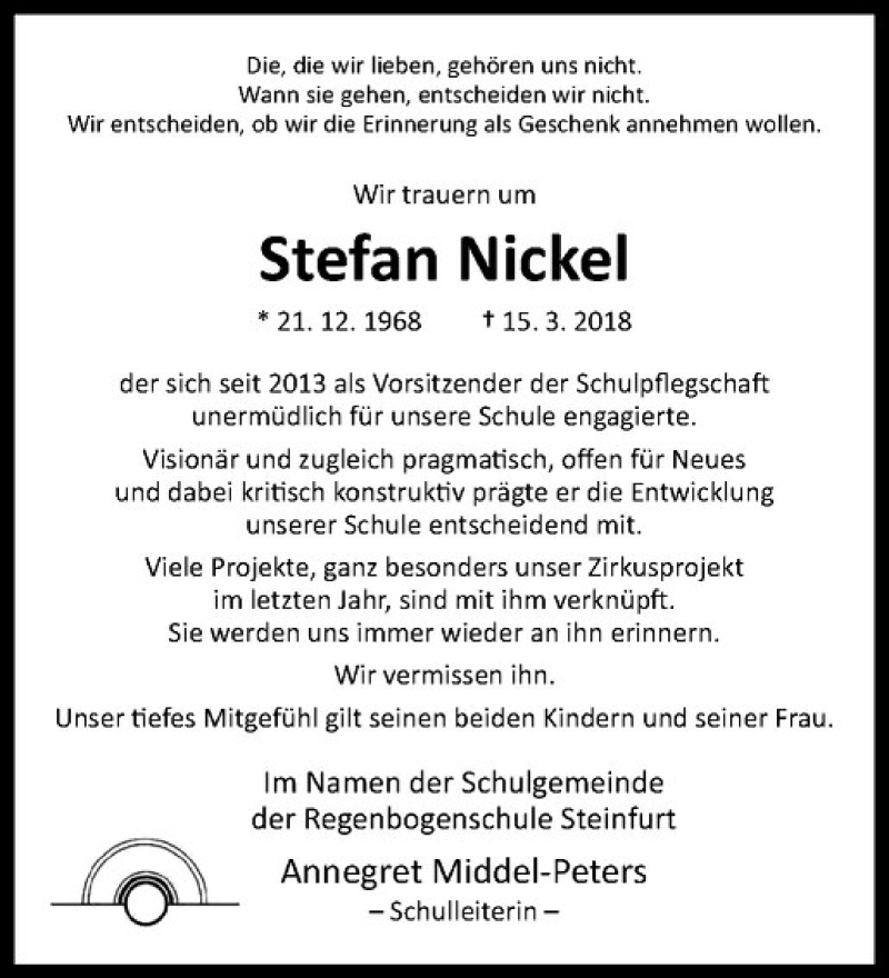  Traueranzeige für Stefan Nickel vom 21.03.2018 aus Westfälische Nachrichten