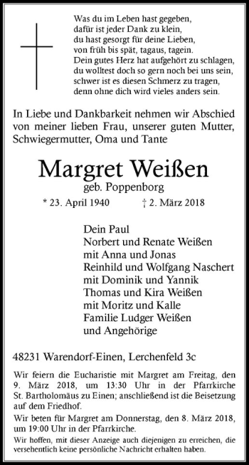 Anzeige von Margret Weißen von Westfälische Nachrichten