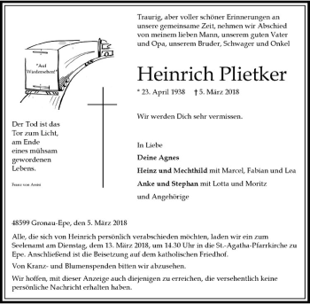 Anzeige von Heinrich Plietker von Westfälische Nachrichten