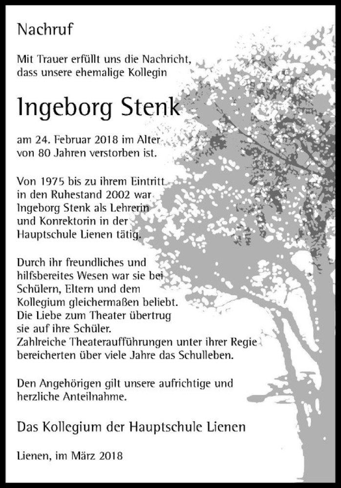  Traueranzeige für Ingeborg Stenk vom 14.03.2018 aus Westfälische Nachrichten