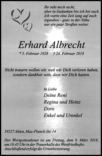 Anzeige von Erhard Albrecht von Westfälische Nachrichten