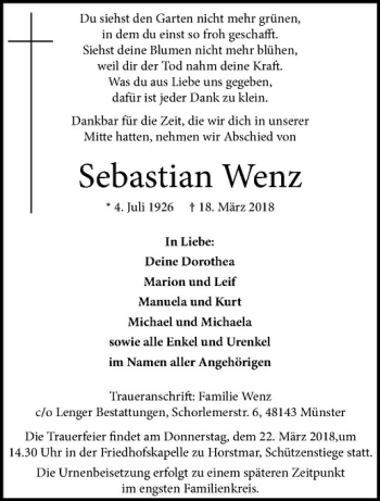 Anzeige von Sebastian Wenz von Westfälische Nachrichten