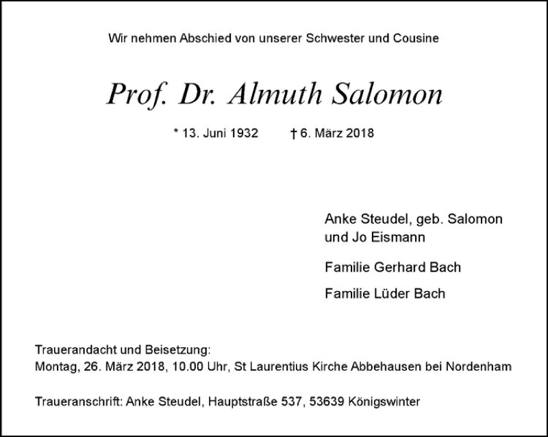  Traueranzeige für Almuth Salomon vom 17.03.2018 aus Westfälische Nachrichten