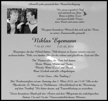 Anzeige von Niklas Egemann von Westfälische Nachrichten