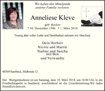 Anzeige von Anneliese Kleve von Westfälische Nachrichten