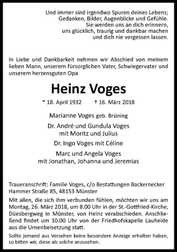 Anzeige von Heinz Voges von Westfälische Nachrichten