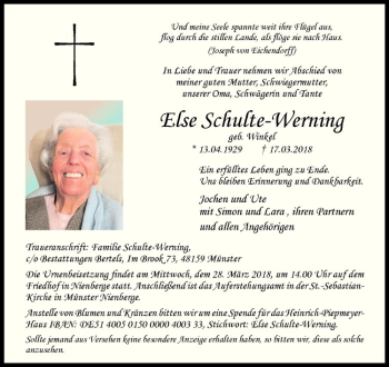 Anzeige von Else Schulte-Werning von Westfälische Nachrichten