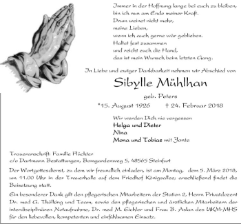 Anzeige von Sibylle Mühlhan von Westfälische Nachrichten