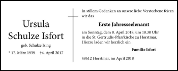 Anzeige von Ursula Schulze Isfort von Westfälische Nachrichten