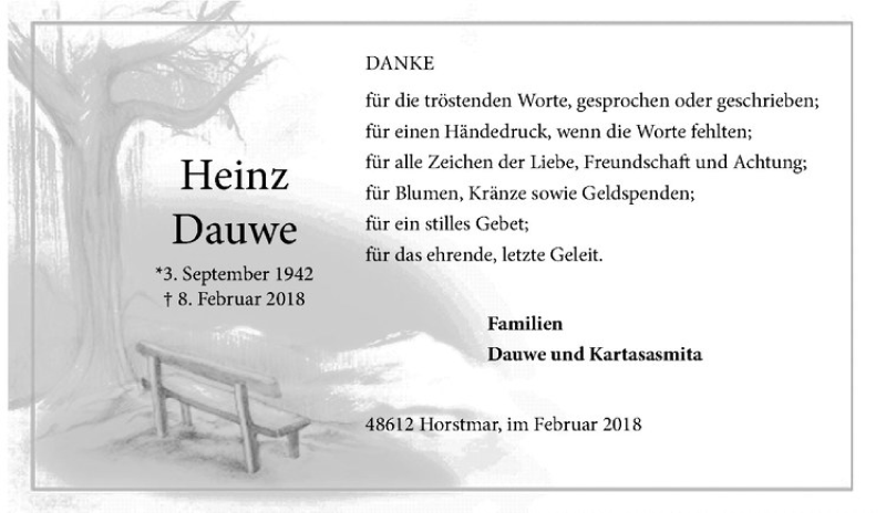  Traueranzeige für Heinz Dauwe vom 03.03.2018 aus Westfälische Nachrichten