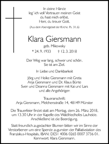 Anzeige von Klara Giersmann von Westfälische Nachrichten