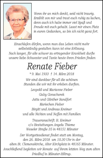 Anzeige von Renate Fieber von Westfälische Nachrichten