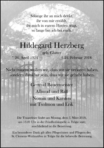 Anzeige von Hildegard Herzberg von Westfälische Nachrichten