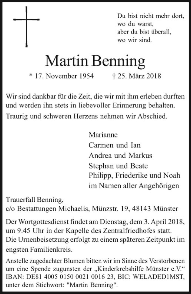  Traueranzeige für Martin Benning vom 30.03.2018 aus Westfälische Nachrichten