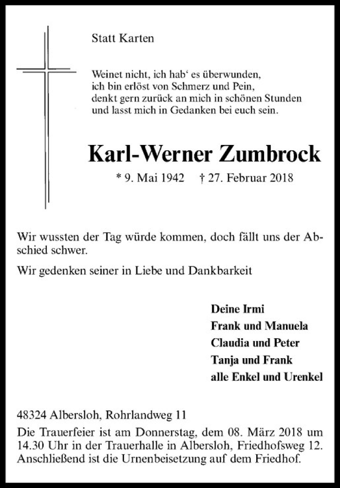  Traueranzeige für Karl-Werner Zumbrock vom 03.03.2018 aus Westfälische Nachrichten